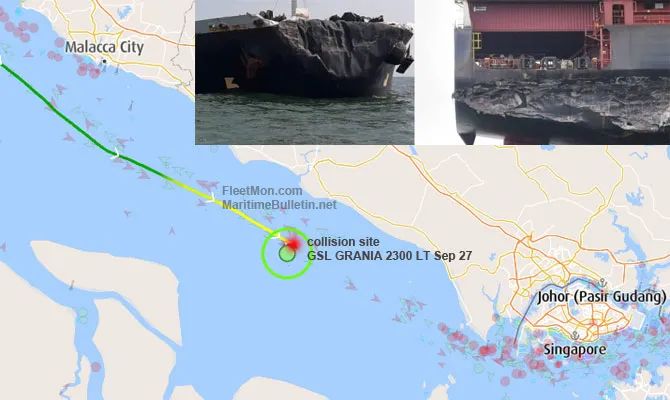 突发！一大型集装箱船在马六甲海峡被油轮撞击，两船严重受损，船期延误！