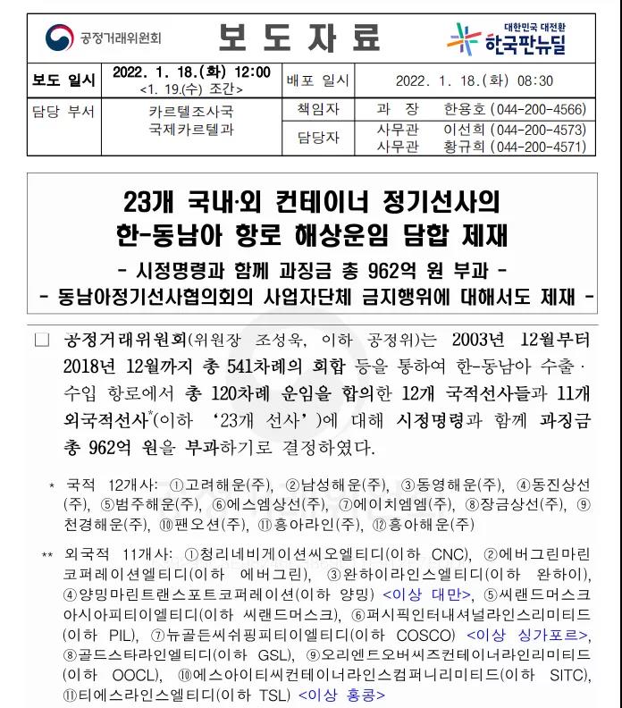 重磅！因涉嫌串通抬高运费，韩国监管机构对23家船公司罚款962亿韩元