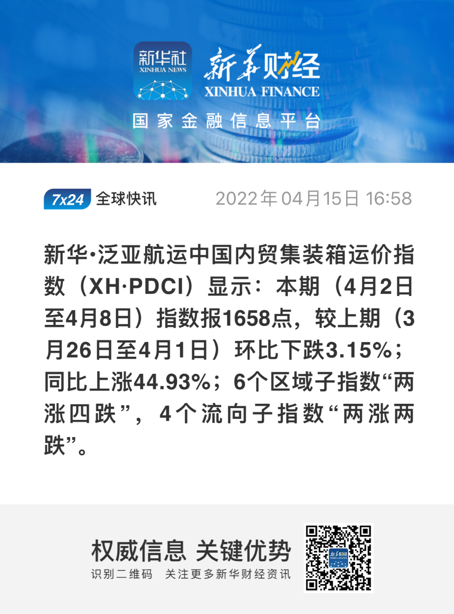 新华泛亚航运中国内贸集装箱运价指数（XHPDCI）2022年4月2日至4月8日
