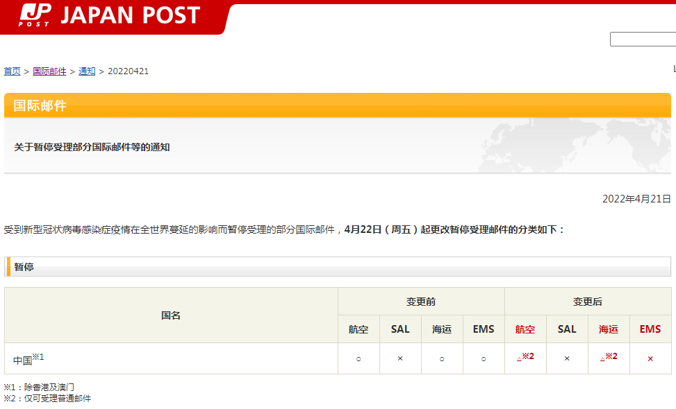 【空运】日本邮政暂停至中国的EMS、航空及海运包裹服务；<a href=