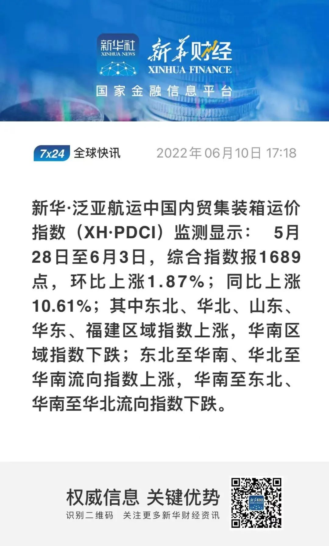 【内贸】最新新华·泛亚航运中国内贸集装箱运价指数