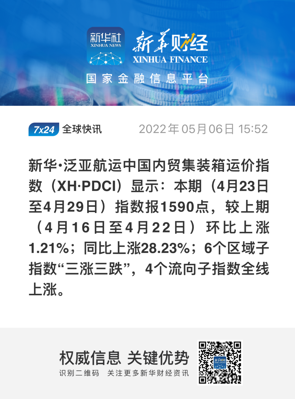 各区域集疏运体系有序恢复，内贸集装箱运价指数环比上涨
