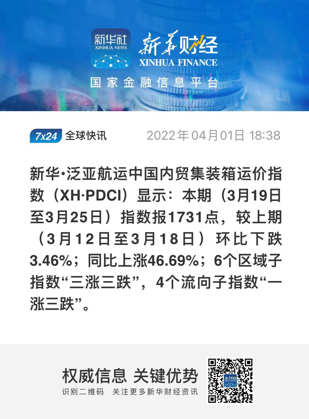 新华泛亚航运中国内贸集装箱运价指数（XHPDCI）2022年3月19日至3月25日